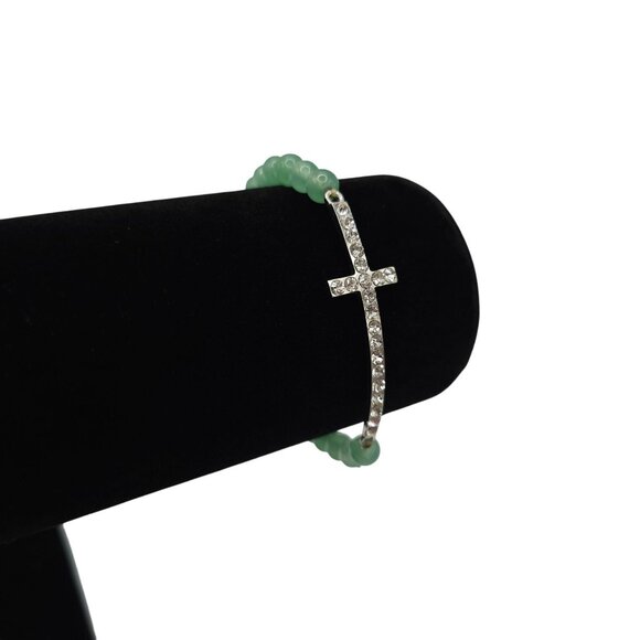 Aventurine Glass Green Beaded Silver Tone Cross Bracelet Rhinestone Sparkle - Picture 2 of 11